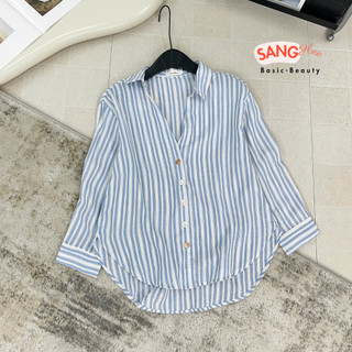 Áo Sơ Mi Đũi Kẻ Xanh Cúc Trai Form Rộng – Style Basic Hàn Quốc Thanh Lịch GEMINI