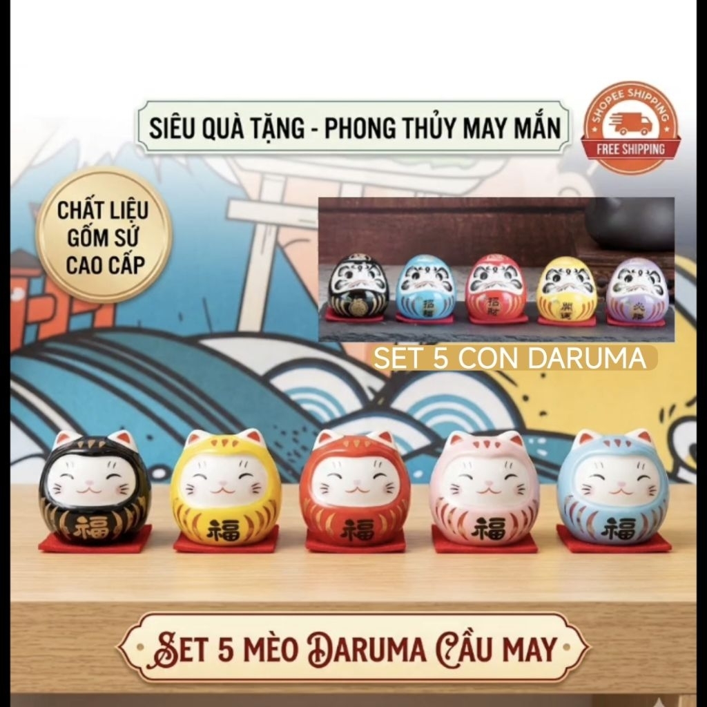 [QUÀ TẶNG MAY MẮN/PHONG THỦY] Bộ Daruma nhỏ 4,5cm/Daruma mèo