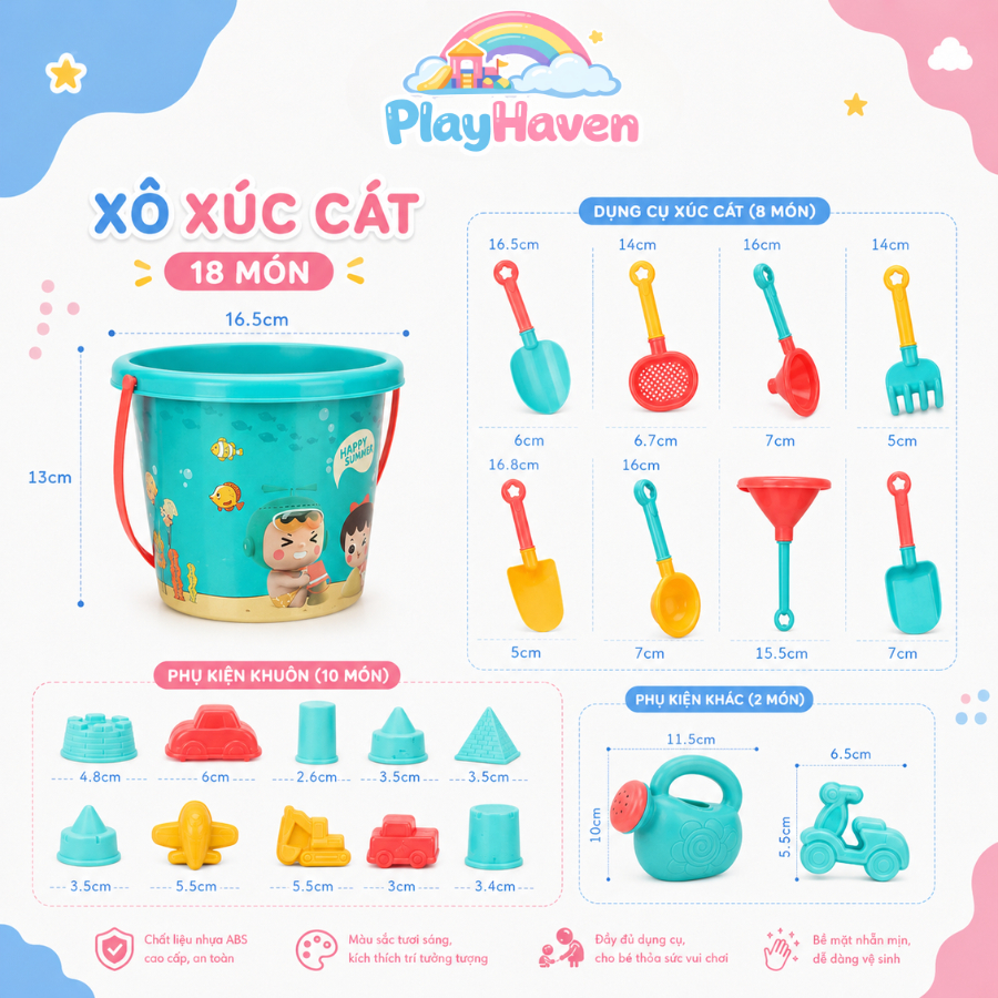 Đồ chơi xô xúc cát 18 chi tiết, đồ chơi đi biển cho bé chơi thoả thích