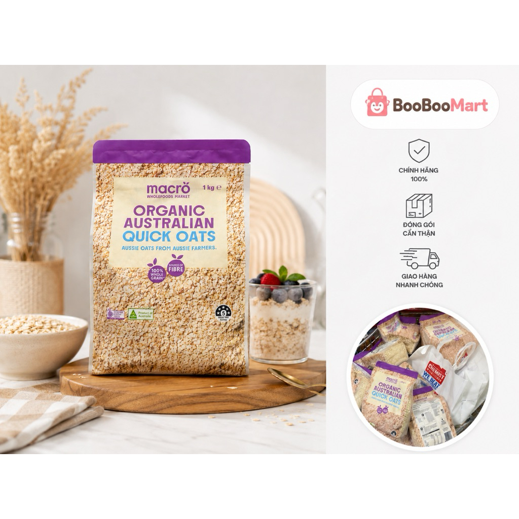 [ÚC] Yến mạch hữu cơ Úc Macro Organic Australian Quick Oats & Rolled Oats Happi Phạm 1kg