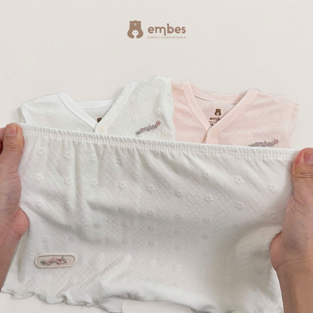 Bộ Bé Gái Sơ Sinh Embes, Bộ Cộc Tay Kèm Băng Đô Vải Dệt Kim Họa Tiết Hoa Cho Bé Gái Size Từ 0-9Tháng
