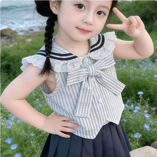 [B&G] Sét váy áo sơ mi kẻ đính nơ kèm chân váy đen cho bé gái từ 10-45kg(1-10 tuổi)