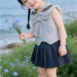 [B&G] Sét váy áo sơ mi kẻ đính nơ kèm chân váy đen cho bé gái từ 10-45kg(1-10 tuổi)
