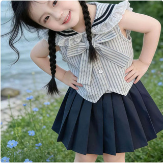[B&G] Sét váy áo sơ mi kẻ đính nơ kèm chân váy đen cho bé gái từ 10-45kg(1-10 tuổi)