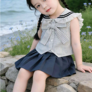 [B&G] Sét váy áo sơ mi kẻ đính nơ kèm chân váy đen cho bé gái từ 10-45kg(1-10 tuổi)