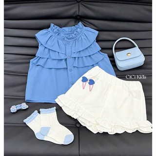 [B&G] Sét bộ áo xanh babe bèo tầng phối quần short trắng mùa hè cá tính dễ thương cho bé gái 10-45kg