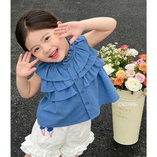 [B&G] Sét bộ áo xanh babe bèo tầng phối quần short trắng mùa hè cá tính dễ thương cho bé gái 10-45kg