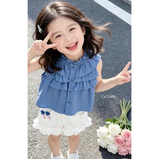 [B&G] Sét bộ áo xanh babe bèo tầng phối quần short trắng mùa hè cá tính dễ thương cho bé gái 10-45kg
