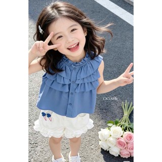 [B&G] Sét bộ áo xanh babe bèo tầng phối quần short trắng mùa hè cá tính dễ thương cho bé gái 10-45kg