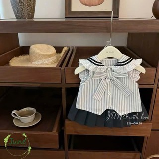 [B&G] Sét váy áo sơ mi kẻ đính nơ kèm chân váy đen cho bé gái từ 10-45kg(1-10 tuổi)