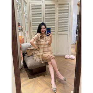 Đầm lưới tầng viền lụa hoa kim anh bùi