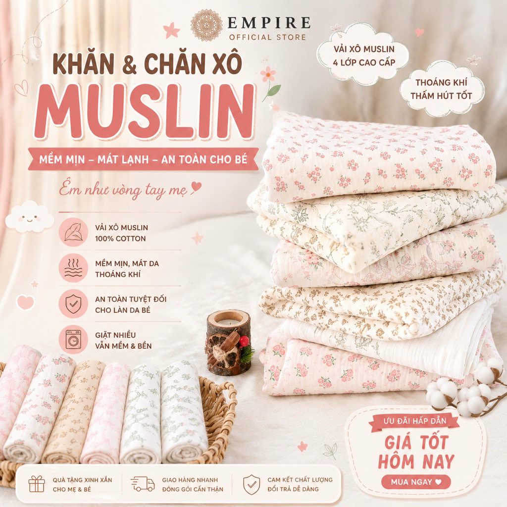 Chăn em bé mầm non tiểu học, chăn vải xô muslin 4 lớp, chăn mềm mỏng chống ngạt thở cho bé sơ sinh - EMPIRE Bedding