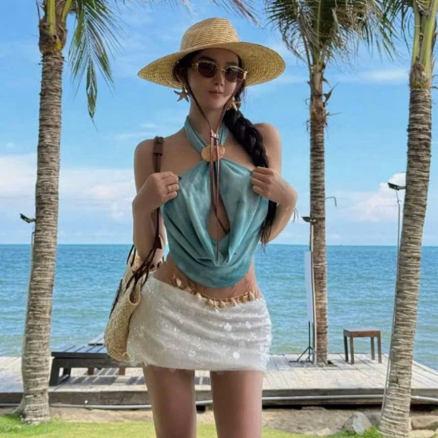 [ SẴN ]Set đi biển ÁO YẾM KHOEN SÒ + VÁY KIM SA lấp lánh phong cách thời trang đi biển đi chơi đều xinh