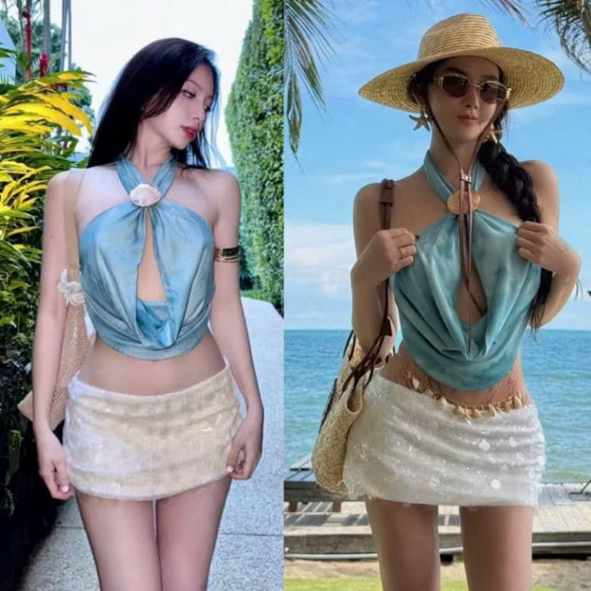 [ SẴN ]Set đi biển ÁO YẾM KHOEN SÒ + VÁY KIM SA lấp lánh phong cách thời trang đi biển đi chơi đều xinh