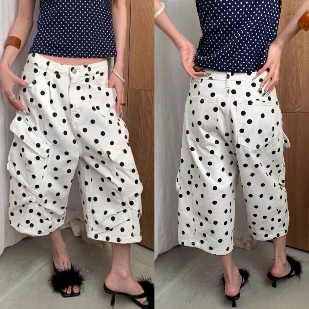 Quần lửng short capri chất kaki màu trắng chấm bi túi hộp cá tính QJL004 - Tiktik