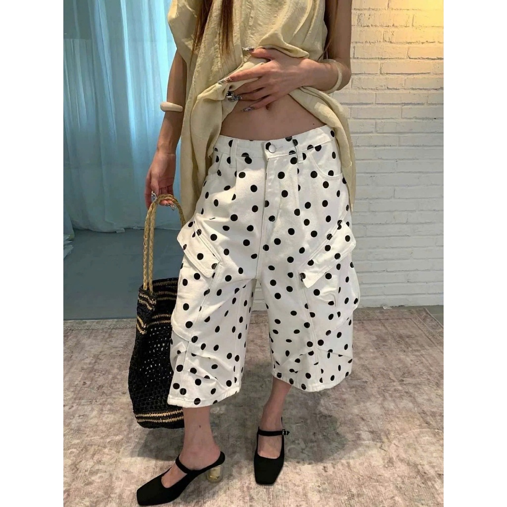 Quần lửng short capri chất kaki màu trắng chấm bi túi hộp cá tính QJL004 - Tiktik