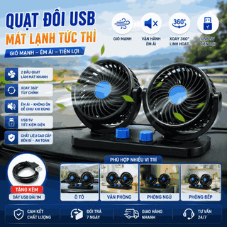 Quạt Đôi USB Ô Tô 360 Độ – Quạt Làm Mát Mini 2 Đầu Siêu Mạnh, Cực Êm, Dùng Cho Xe Hơi Văn Phòng