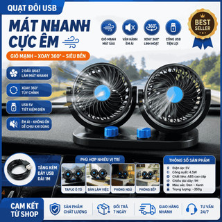 Quạt Đôi USB Ô Tô 360 Độ – Quạt Làm Mát Mini 2 Đầu Siêu Mạnh, Cực Êm, Dùng Cho Xe Hơi Văn Phòng