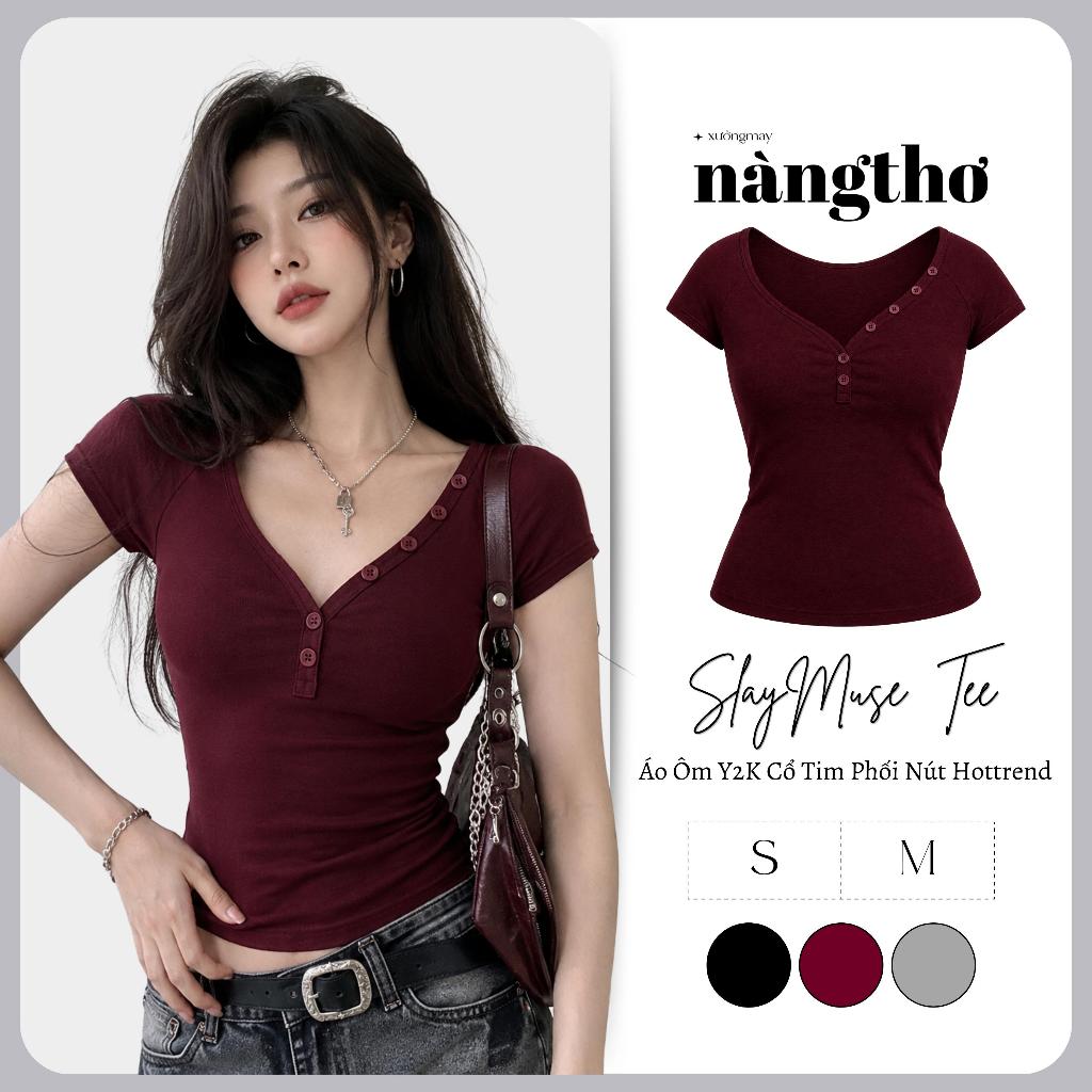Áo Ôm Y2K Cổ Tim Phối Nút Trendy Chất Thun Cotton Co Dãn