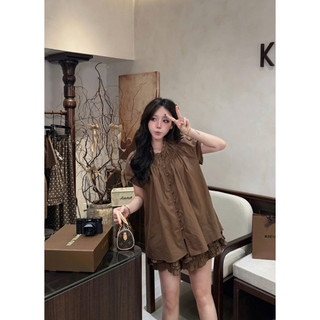 Set bộ Thô Cổ Tròn Cúc Bọc Mix Quần Cộc Nâu Kieutrangbasic