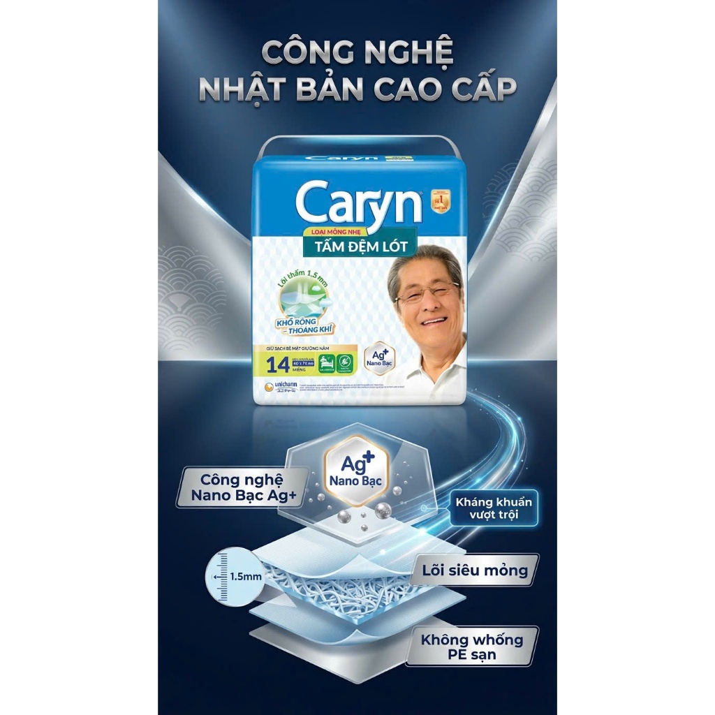 TẤM ĐỆM LÓT CARYN LOẠI MỎNG NHẸ XL14 (14 MIẾNG) - KÍCH THƯỚC LỚN 60X70CM, KHÁNG KHUẨN AG+