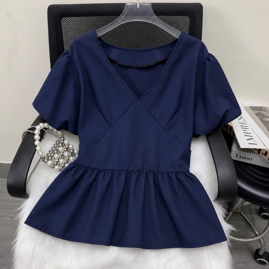 Áo Bigsize Nữ Tay Phồng Cổ Tim Dáng Peplum Thắt Eo Tôn Dáng Mặc Đi Chơi Đi Làm Đẹp 55-92kg A357