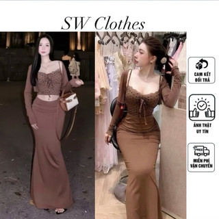 Set 3 món áo hai dây chấm bi + châb váy đuôi cá + khoác