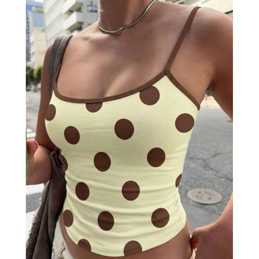 [ORDER 7-10 NGÀY] Sẵn 1,Xs 2,L (Có Bigsize) Áo Hai Dây Co Dãn Chấm Bi Viền Xanh Phong Cách Y2K - [Màuáovàngpastel]
