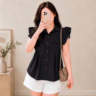Áo sơ mi bigsize nữ cổ gập tay cánh tiên form rộng dáng áo babydoll dễ thương chất lụa mềm mịn SM35