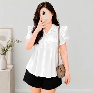 Áo sơ mi bigsize nữ cổ gập tay cánh tiên form rộng dáng áo babydoll dễ thương chất lụa mềm mịn SM35