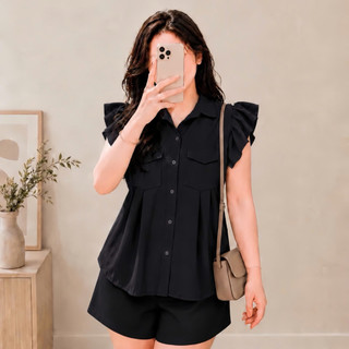Set đồ Bigsize nữ áo sơ mi cánh tiên form rộng kèm quần đùi chữ A dễ thương cho nàng chubby SET907