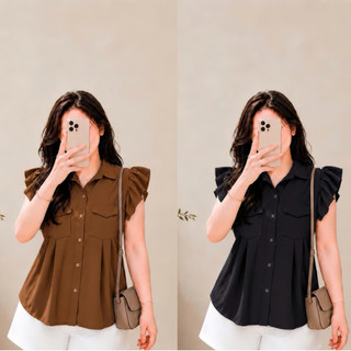 Áo sơ mi bigsize nữ tay cánh tiên dáng xòe có túi 2 bên cách điệu hàng nút kiểu babydoll xinh xắn SM35