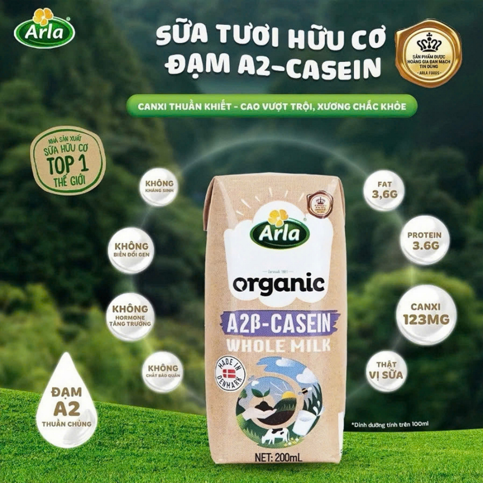 Sữa Tươi Hữu Cơ Arla Organic A2 Beta Casein 200ml – Thùng 20 Hộp | Sữa Nhập Khẩu Đan Mạch, Dễ Tiêu Hóa, Giàu Canxi