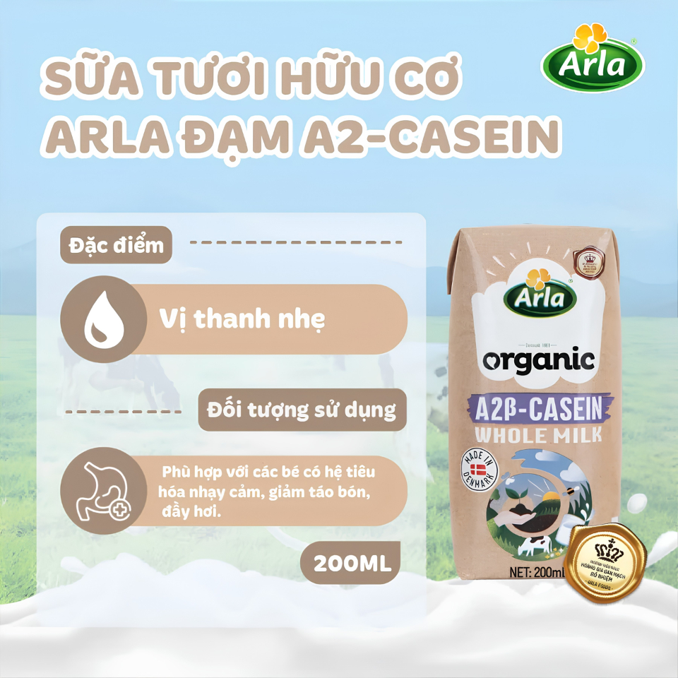 Sữa Tươi Hữu Cơ Arla Organic A2 Beta Casein 200ml – Thùng 20 Hộp | Sữa Nhập Khẩu Đan Mạch, Dễ Tiêu Hóa, Giàu Canxi