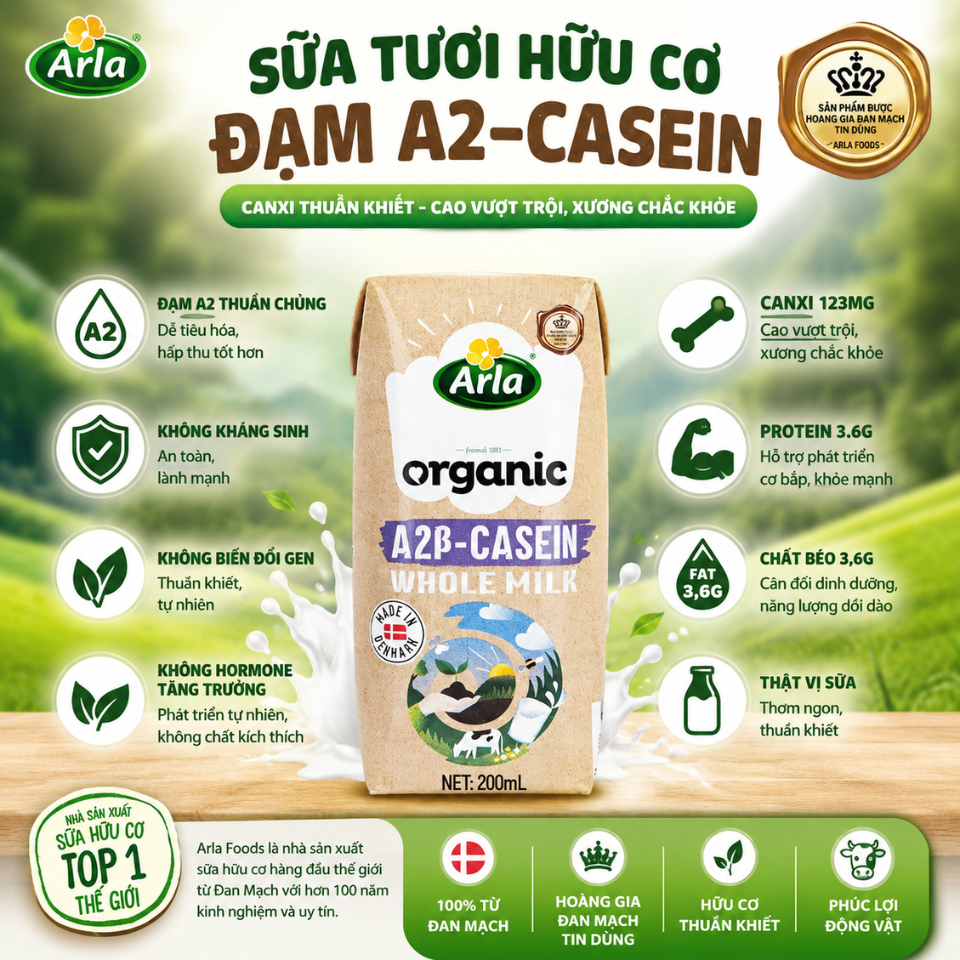 Sữa Tươi Hữu Cơ Arla Organic A2 Beta Casein 200ml – Thùng 20 Hộp | Sữa Nhập Khẩu Đan Mạch, Dễ Tiêu Hóa, Giàu Canxi