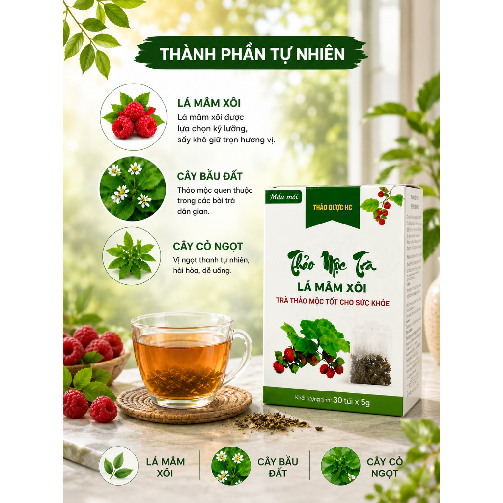 Trà Lá Mâm Xôi HC 30 Gói Túi Lọc – Trà Thảo Mộc Tự Nhiên,Tiện Lợi, Dễ Pha