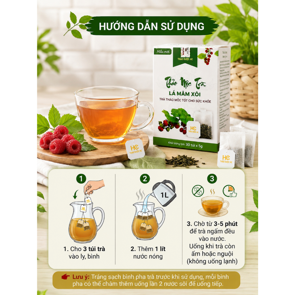 Trà Lá Mâm Xôi HC 30 Gói Túi Lọc – Trà Thảo Mộc Tự Nhiên,Tiện Lợi, Dễ Pha