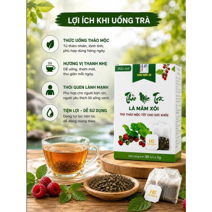 Trà Lá Mâm Xôi HC 30 Gói Túi Lọc – Trà Thảo Mộc Tự Nhiên,Tiện Lợi, Dễ Pha