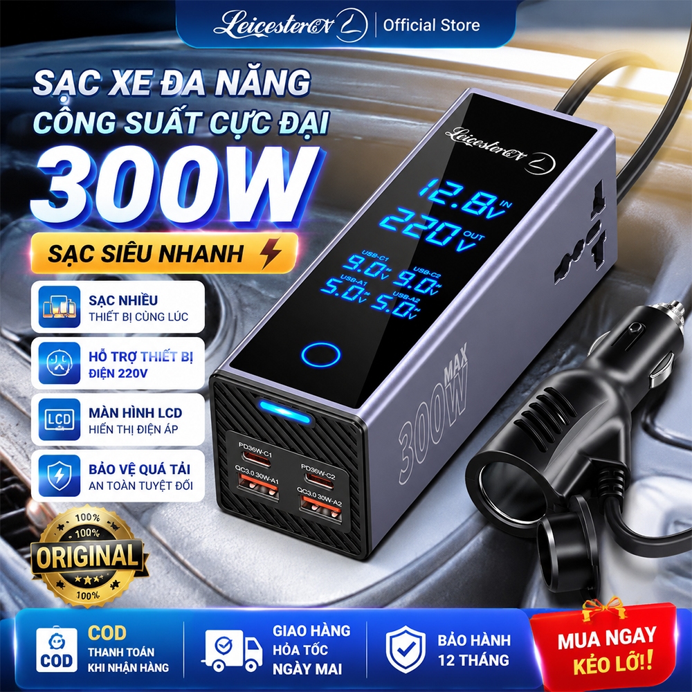 Tẩu Sạc Ô Tô Sạc Siêu Nhanh 300W Công Suất Lớn Phù Hợp Mọi Xe Type-C QC3.0 USB Bảo Hành