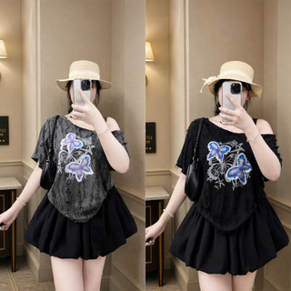 Áo thun bigsize nữ lệch vai form rộng vải xược in bươm bướm tím cá tính, croptop dễ thương năng động-A316