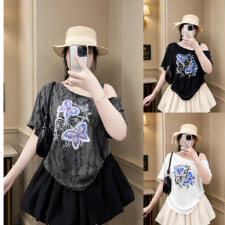 Set đồ áo thun nữ lệch vai in bươm bướm phối chân váy bí xòe xinh xắn, form rộng dễ thương bigsize - A316+CV413