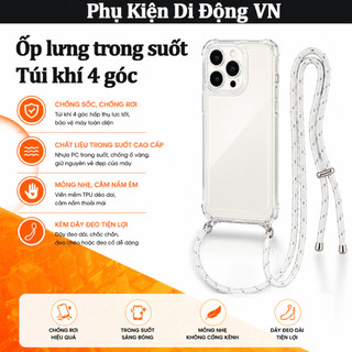 Ốp lưng iPhone trong suốt 4 góc túi khí chống sốc, kèm dây đeo chéo cao cấp cho iPhone 11 12 13 14 15 16 17 Pro Max