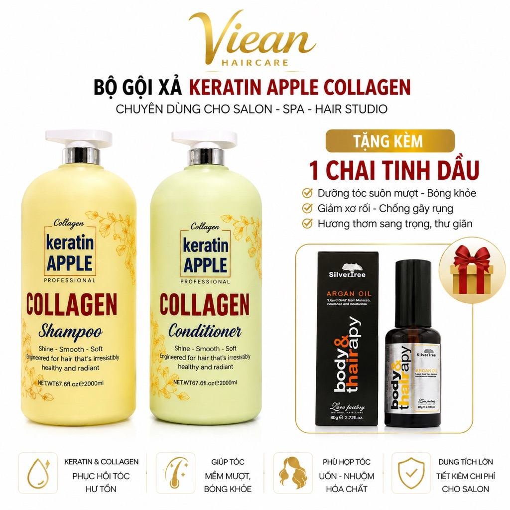 Combo Gội Xả Keratin Apple Collagen Professional 2000ml | Dành Cho Salon Tóc Spa Chuyên Nghiệp