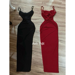 Đầm body hai dây phối xích hở lưng khoét v xoắn xẻ tà dài thun ladong mịn