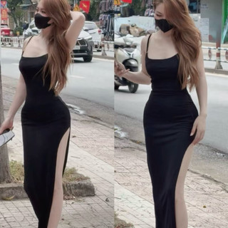 Đầm body hai dây phối xích hở lưng khoét v xoắn xẻ tà dài thun ladong mịn