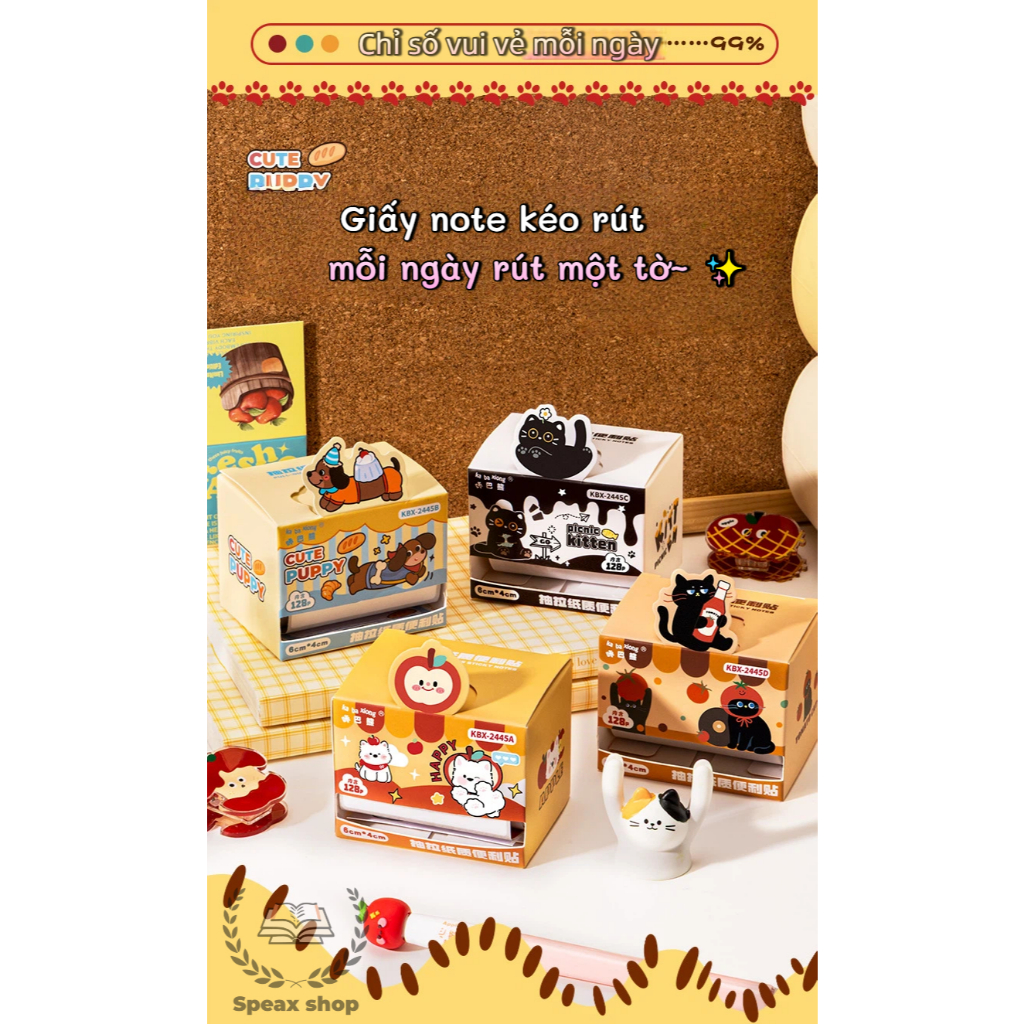 Giấy note kéo rút dán toàn mặt 128 tờ/hộp Sticky note tiện lợi, dễ xé, bám dính chắc, hình hoạt hình