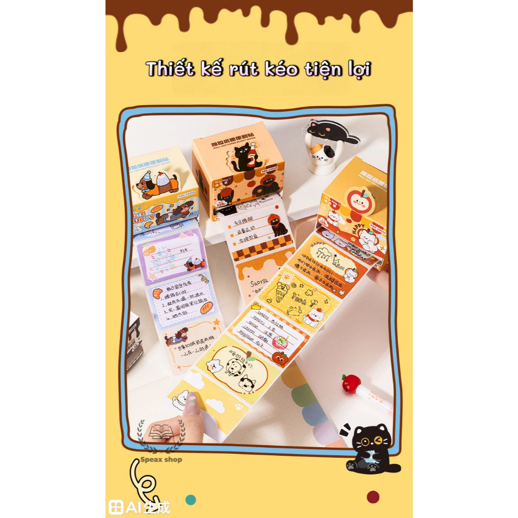 Giấy note kéo rút dán toàn mặt 128 tờ/hộp Sticky note tiện lợi, dễ xé, bám dính chắc, hình hoạt hình