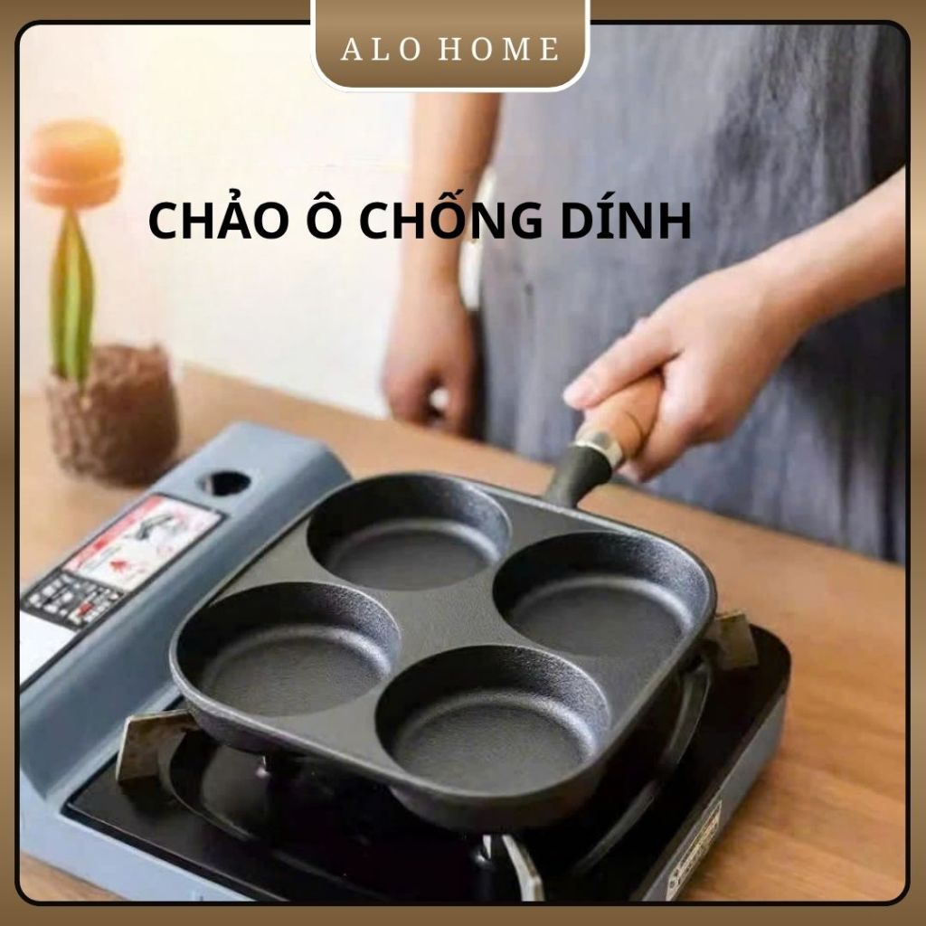 Chảo Ô Chống Dính ALOHOME Chảo 4 Ngăn Đa Năng Chiên Trứng, Pancake, Chế Biến Món Ăn Tiện Lợi