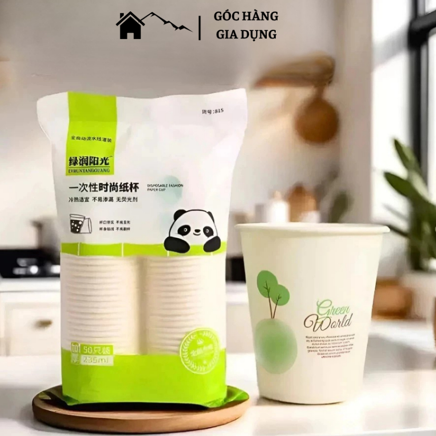 [Đơn 85k Nhận Quà] Set 50 cốc giấy dùng 1 lần hình gấu trúc chịu nhiệt, Ly giấy tự phân hủy 235ml thân thiện môi trường