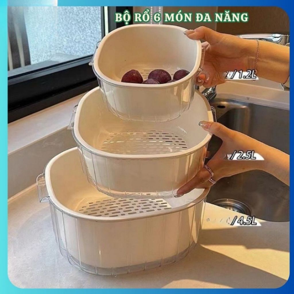 Bộ Rổ Rửa Rau 6 Chi Tiết ALOHOME Rổ Nhựa Đa Năng Có Khay Lọc Nước, Đựng Rau Củ Trái Cây Tiện Lợi